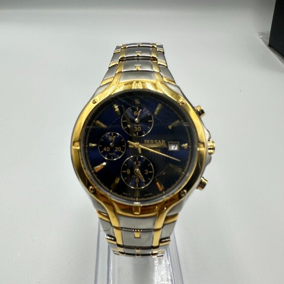 Pulsar Chronograph Watch Men Silver Gold Two-Tone Blue Dial New Battery 8.25" - Picture 4 of 12